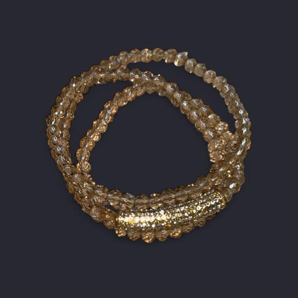 Gold Colored Clear Beads Wrap Bracelet with Rhinestone Gold Colored Long Charm - Picture 4 of 4